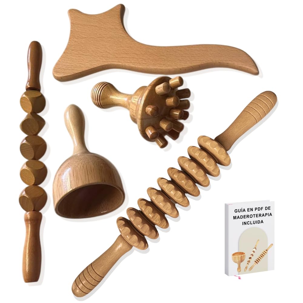 Pack de Maderoterapia Corporal Profesional para Masajes Relajantes y Celulitis con Instrucciones Qr – Compuesto por Tabla Moldeadora, 2 Rodillos(Recto y Cubos), Champiñón y Copa.