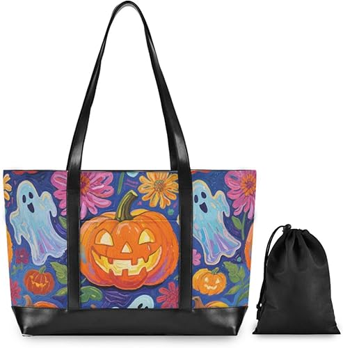 Miniatura 2 de KLL Calabazas de Halloween y fantasmas con flores Bolsa impermeable para computadora con cremallera bolsas de trabajo Bolso grande para enfermería