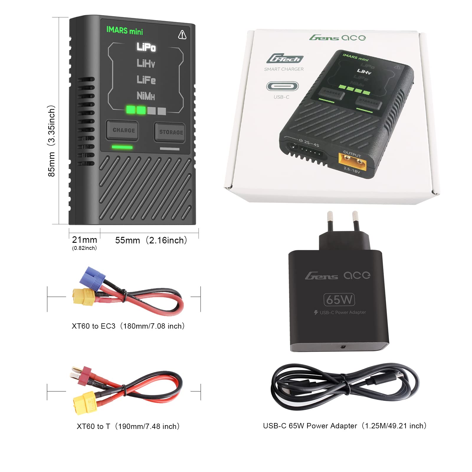 Gens ace IMARS Mini Cargador Inteligente RC LiPo 2-4S 60W USB-C – con Adaptador de Corriente EU Incluido | Cargador RC Fácil de Usar