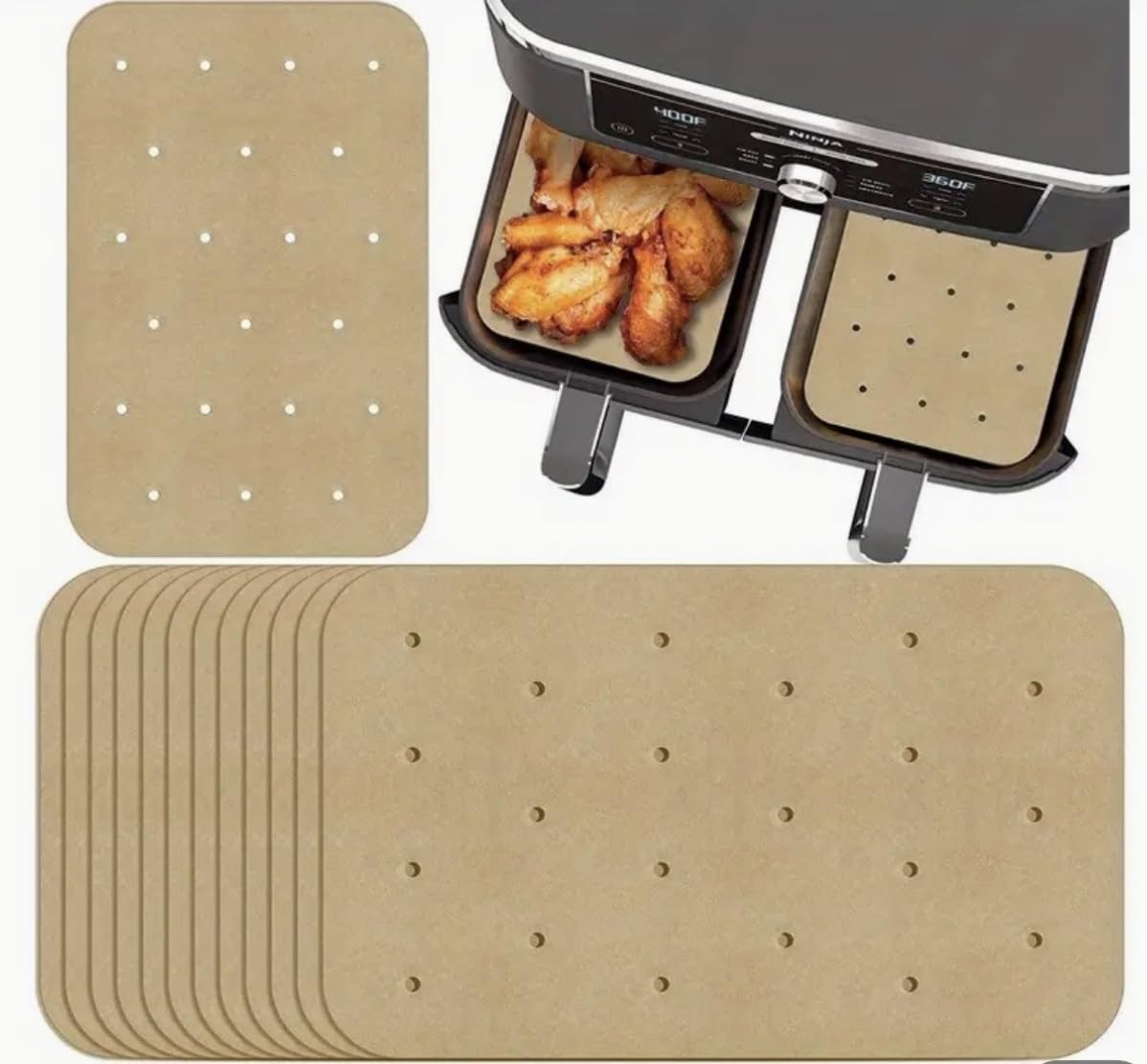 PMS 831144 Beige Air Fryer Sheets, 14 cm. x 20.5 cm. (80-Pack) -Perforated Non-Stick Liners, Plastic