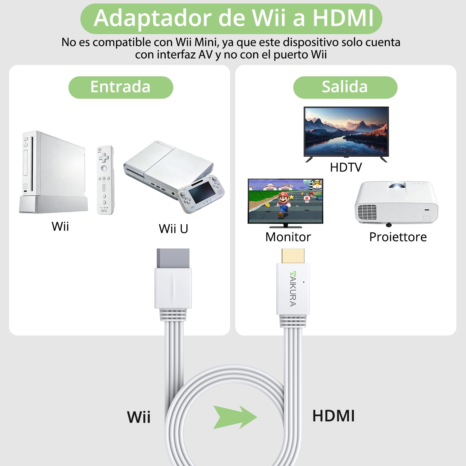 Convertidor Wii a HDMI 1,5 Metros, Adaptador de Wii a HDMI 1080P/720P para HDTV, Monitor y Proyector, Compatible con NTSC 480i 480p PAL 576i, Plug and Play