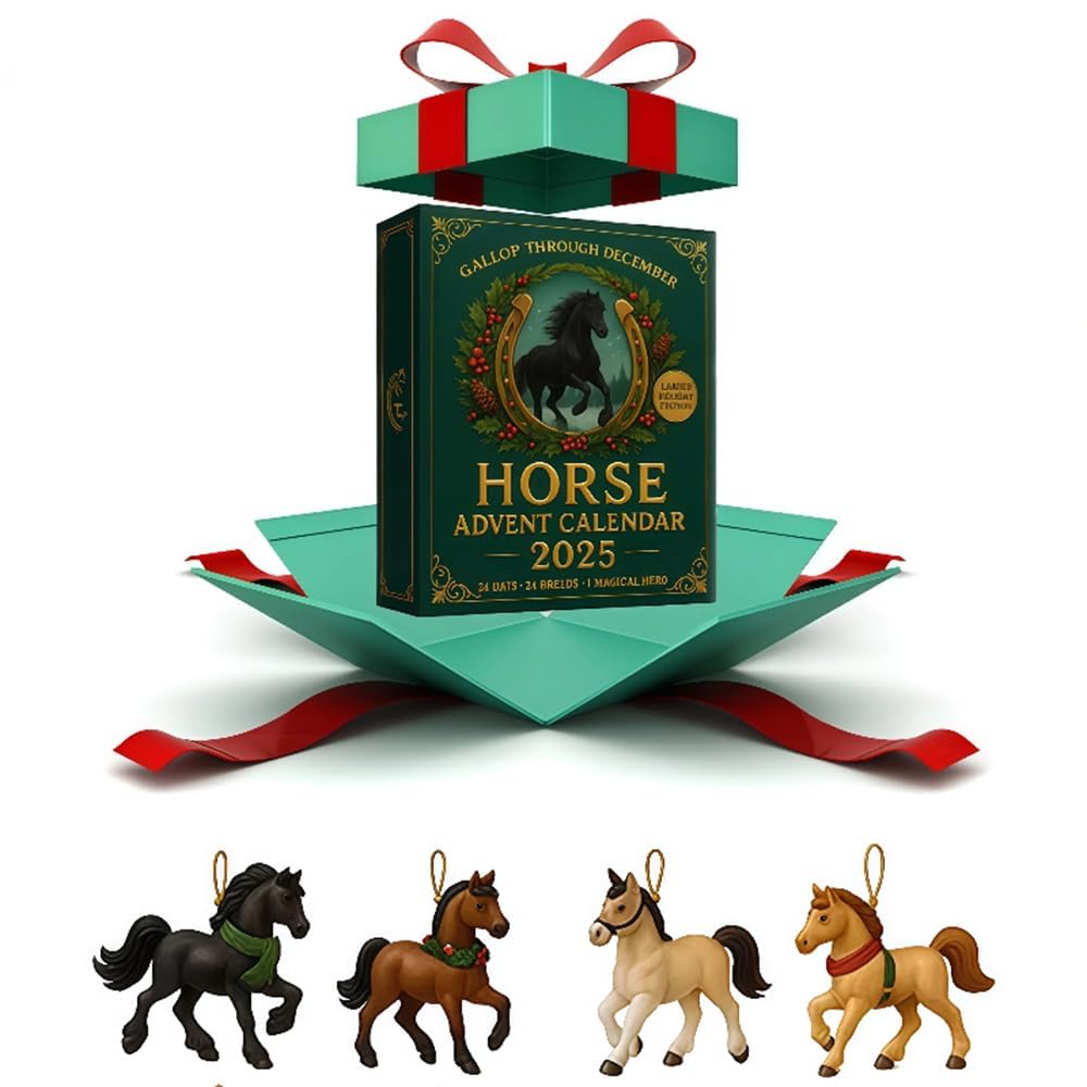 Calendario Dell'Avvento A Tema Cavallo 2025 - Decorazione Natalizia Con 24 Ciondoli, Acrilico 26x18 Cm