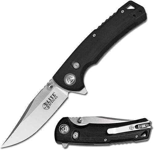 Elite Tactical - Cuchillo plegable manual con D.L.M. - Chaser - Hoja de punta de clip con acabado satinado, acero D2, pivote de rodamiento de bolas,