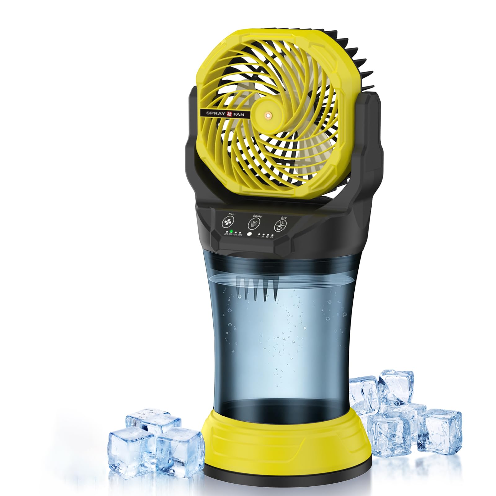 Photo 1 of Misting Fan Portable, 27600mAh Battery Powered Fan, 2L Portable Mister Fan with 4 Wind Speeds, Timer Function, RGB Ambient Light, 120° Auto Oscillation & Grip Handle for Camping Beach Patio( Yellow)