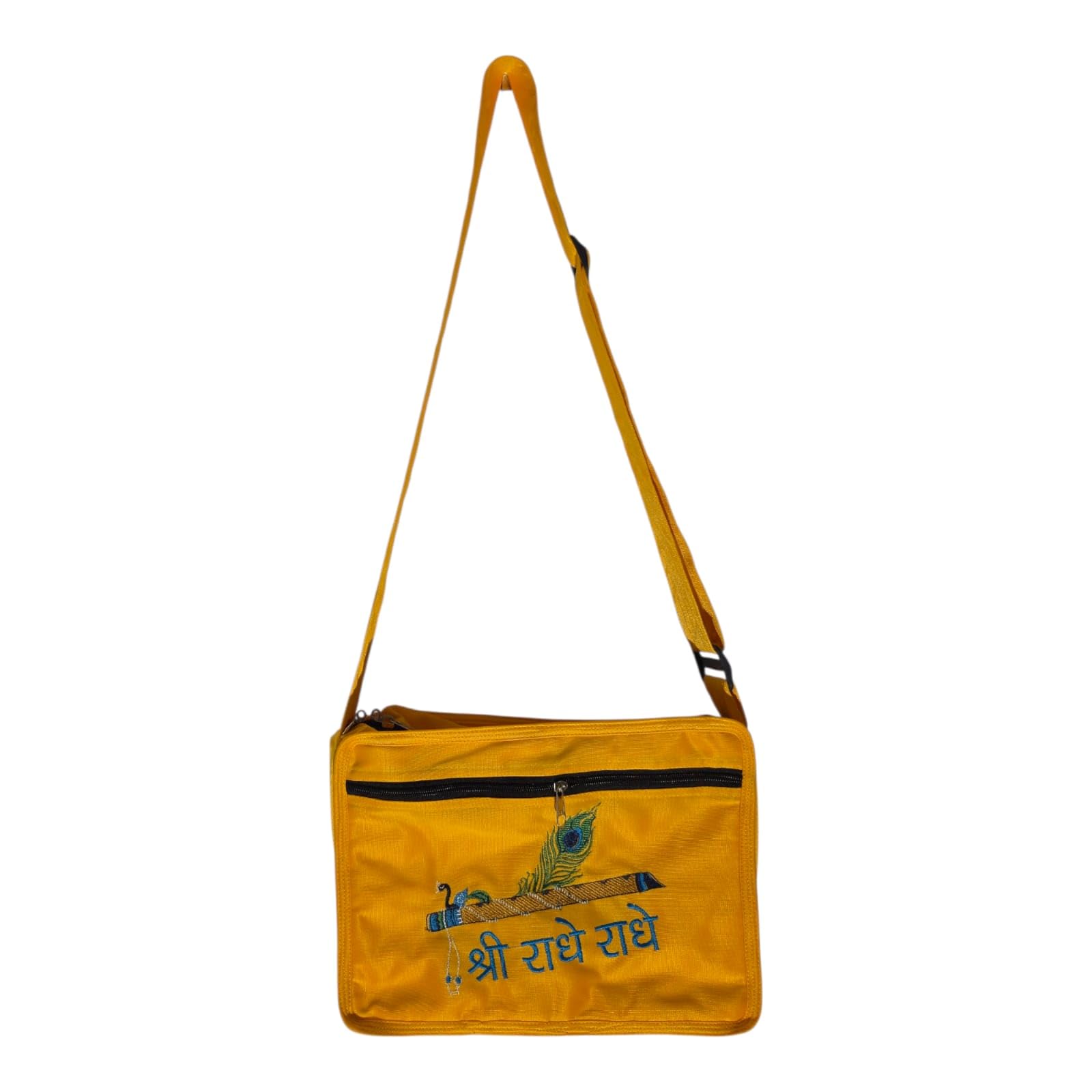 Sling Bag for Men & Women | Krishna Bhakti Bag with Peacock Feather & Flute Embroidery | Small Travel, Puja, and Temple Bag-picture-25