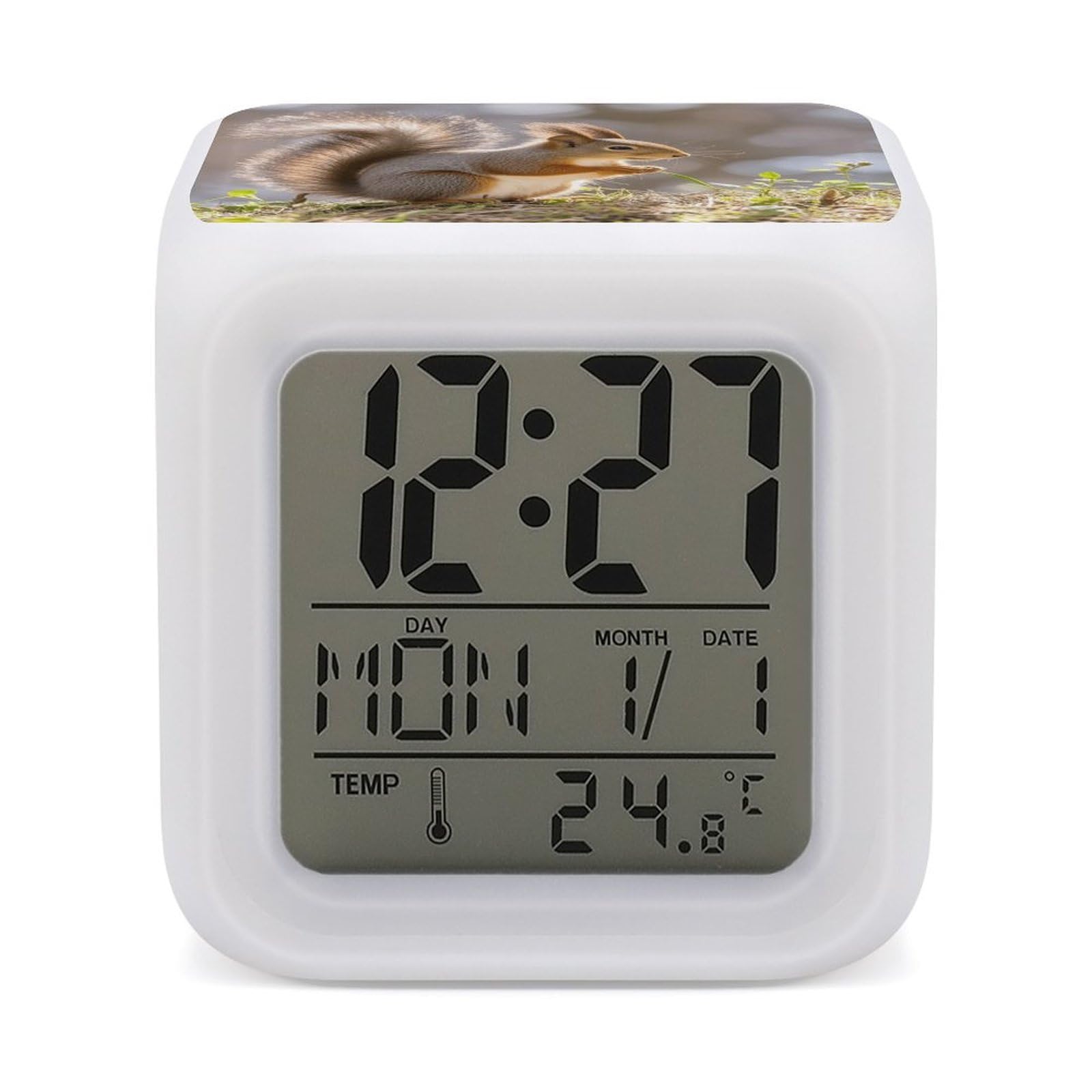 FekiLoot Squirrel Animal Alarm Clock for Heavy Sleepers Wake Up Digital Clock with 7 Color Changing Night Light Super Loud Digital Alarm Clocks Small Machine Alarm Clocks