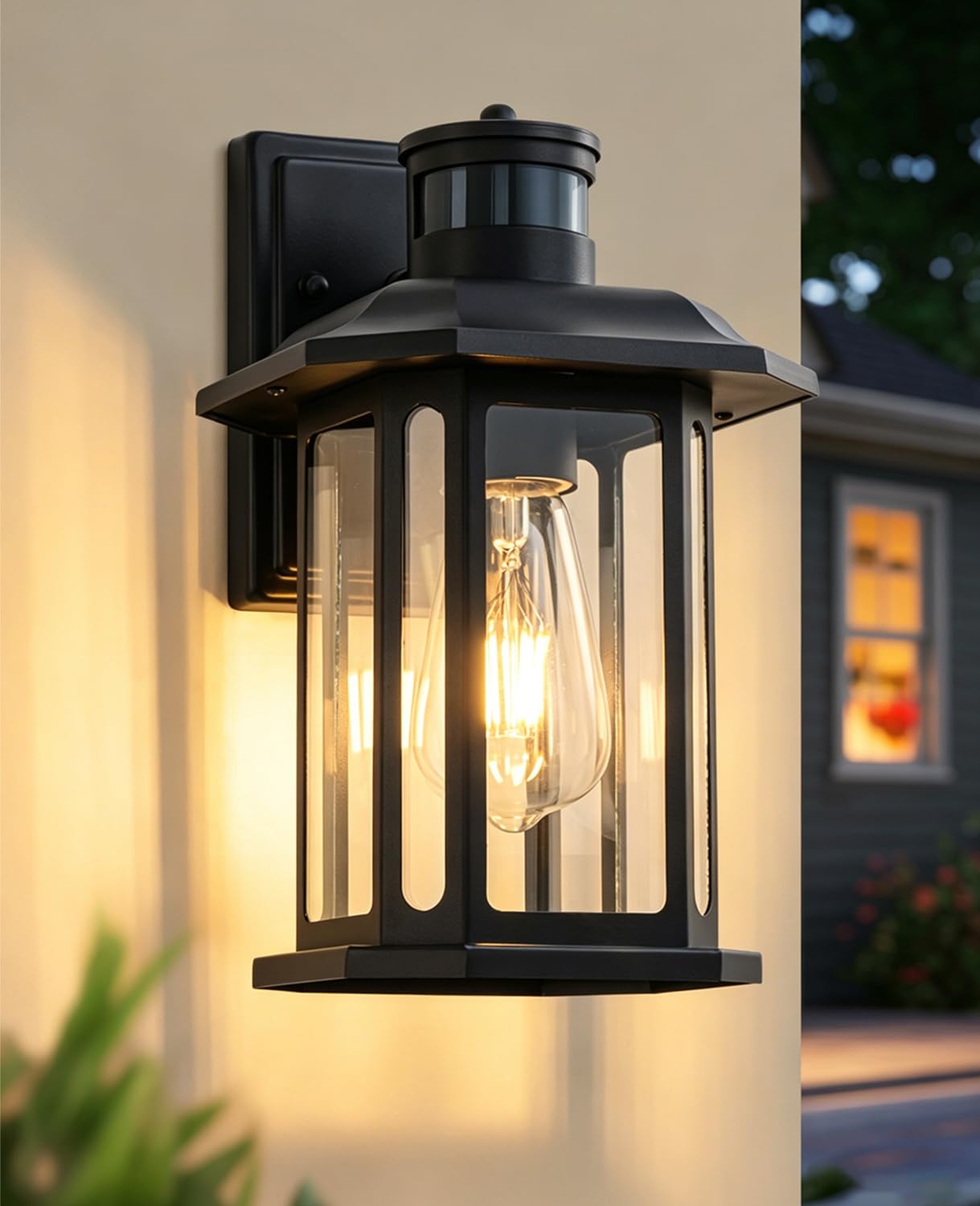 FTL Applique Extérieure avec Détecteur de Mouvement, 3 Modes E27 Lanterne Murale pour Extérieur, Noire Porche Luminaire Exterieur avec Capteur de Mouvement, IP44 Éclairage d'extérieur pour Jardin