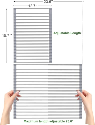 Miniatura 3 de Escurridor de platos expandible hasta 23.6 pulgadas, escurridor de platos enrollable sobre el fregadero, escurridor multiusos de acero inoxidable