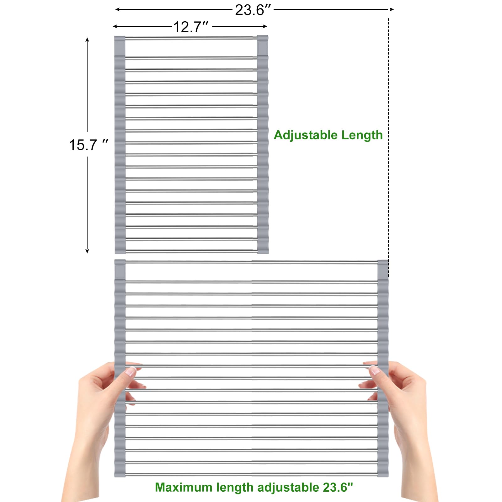 Scolapiatti estensibile arrotolabile, 60 cm di lunghezza x 40 cm di larghezza, in acciaio inox, con rivestimento in silicone, antiscivolo, pieghevole, multiuso, scolapiatti per lavello da