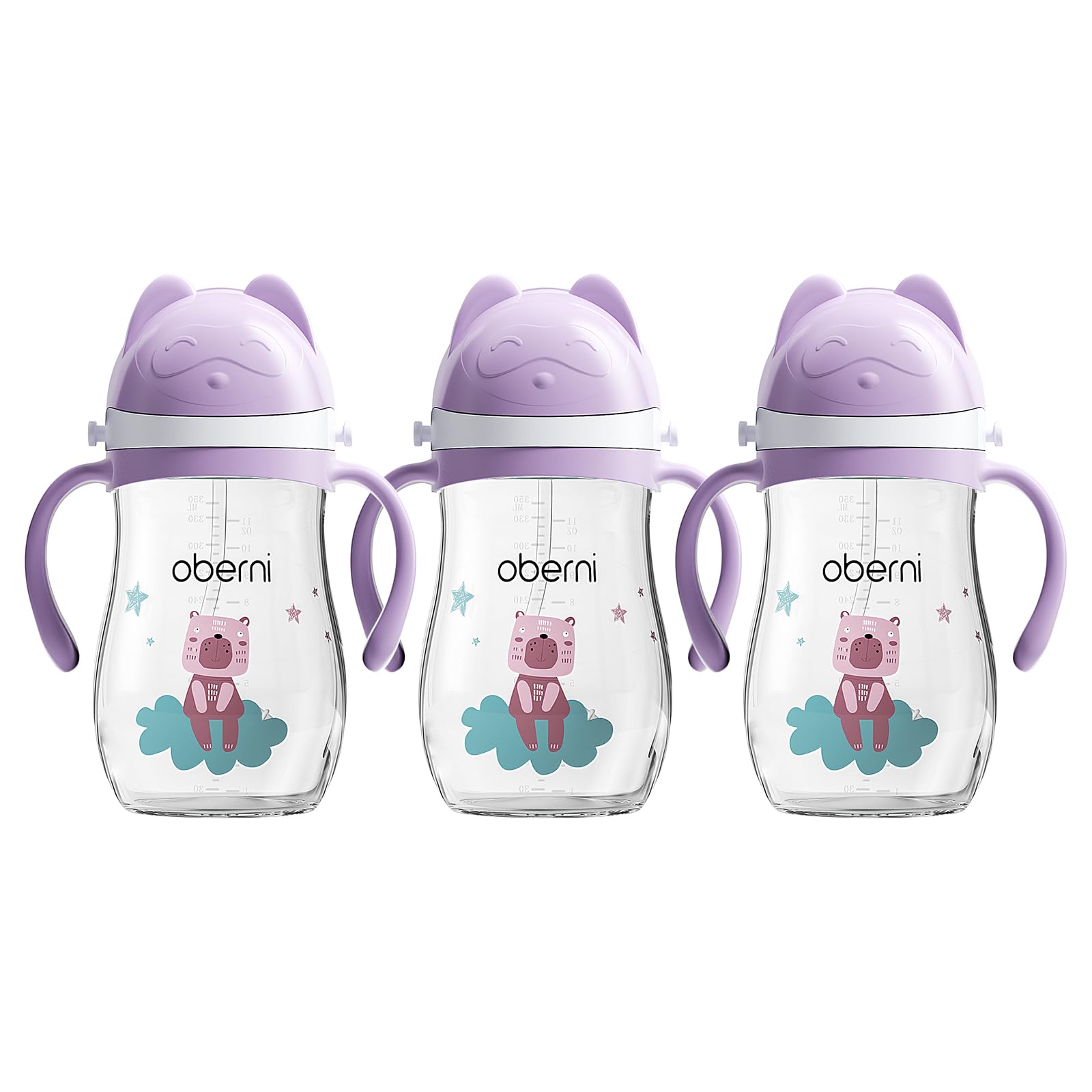 Oberni No Spill Toddler Sippy Cup, Weighted Straw Baby Water Bottle with Handle&Strap for 12 Months +, BPA-Free | Tritan | Leak Proof Valved Spout | 350ml | Purple | Pack of 3