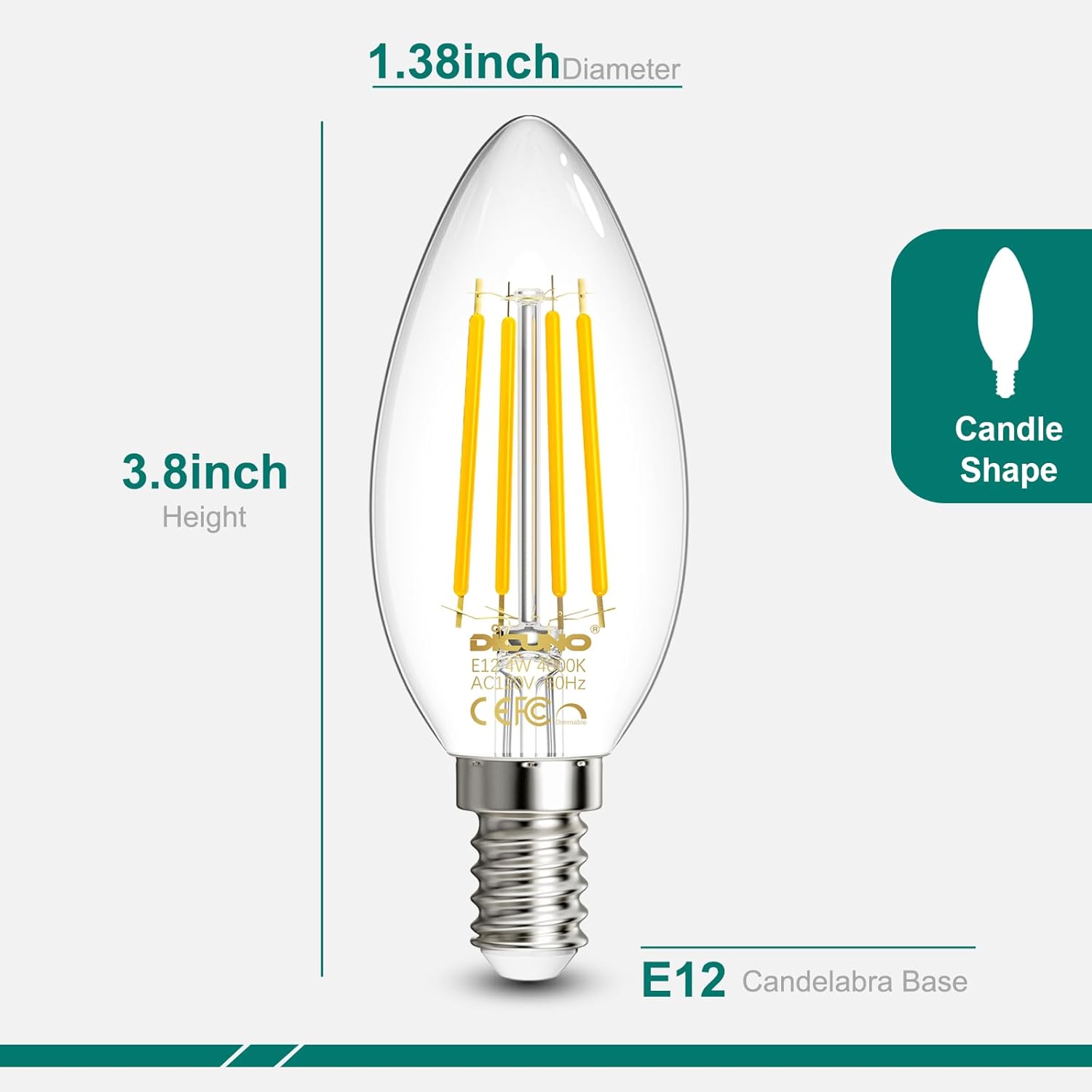 DiCUNO E12 Candelabra Bulb 60 Watt Equivalent, Natural White 4000K, 4W E12 LED Bulb Dimmable, Type B LED Filament Candelabra Light for Chandelier Light, Ceiling Fan, Clear Glass, 550lm, Pack of 6