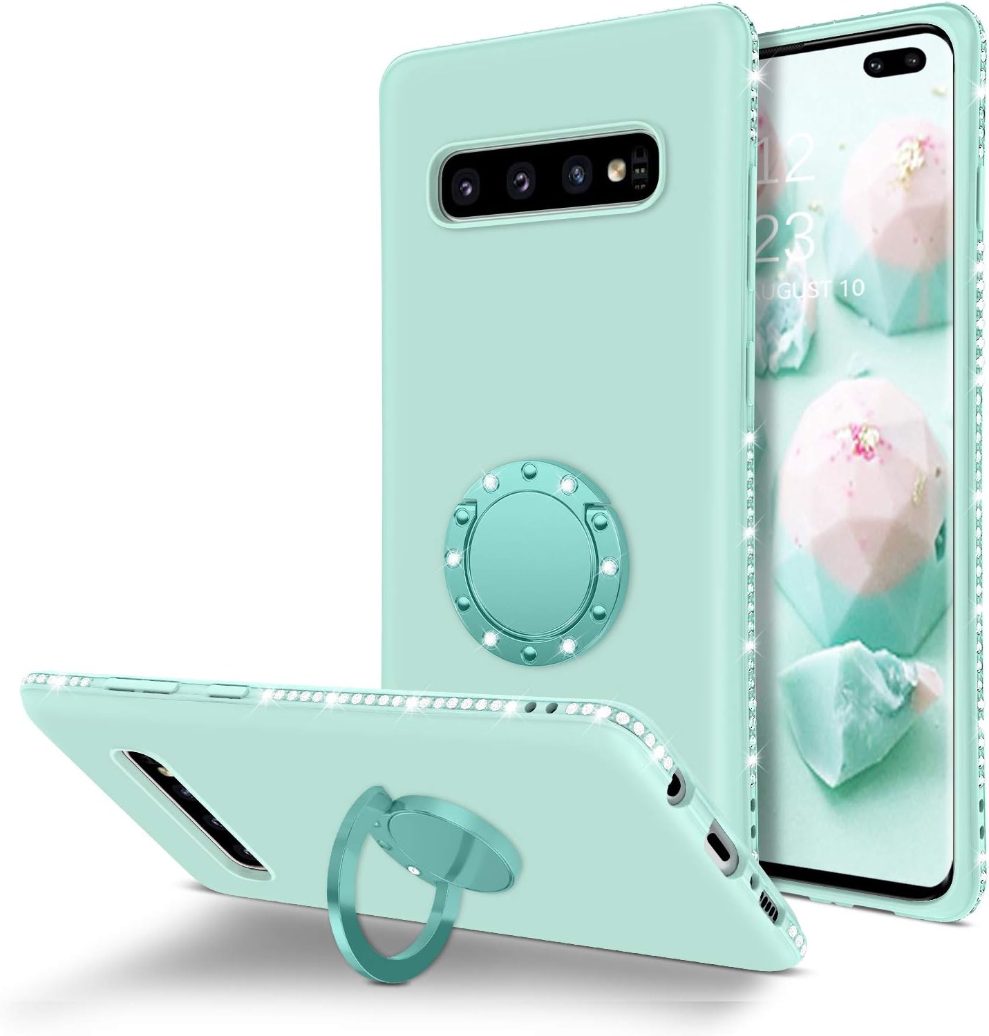 BENTOBEN Samsung Galaxy S10 Plus Case, Slim Silicone | 360° Ring Holder Kickstand | Rhinestone Soft Rubber Bumper Shockproof Women Girls Phone Case for Galaxy S10 Plus 6.4", Light Green