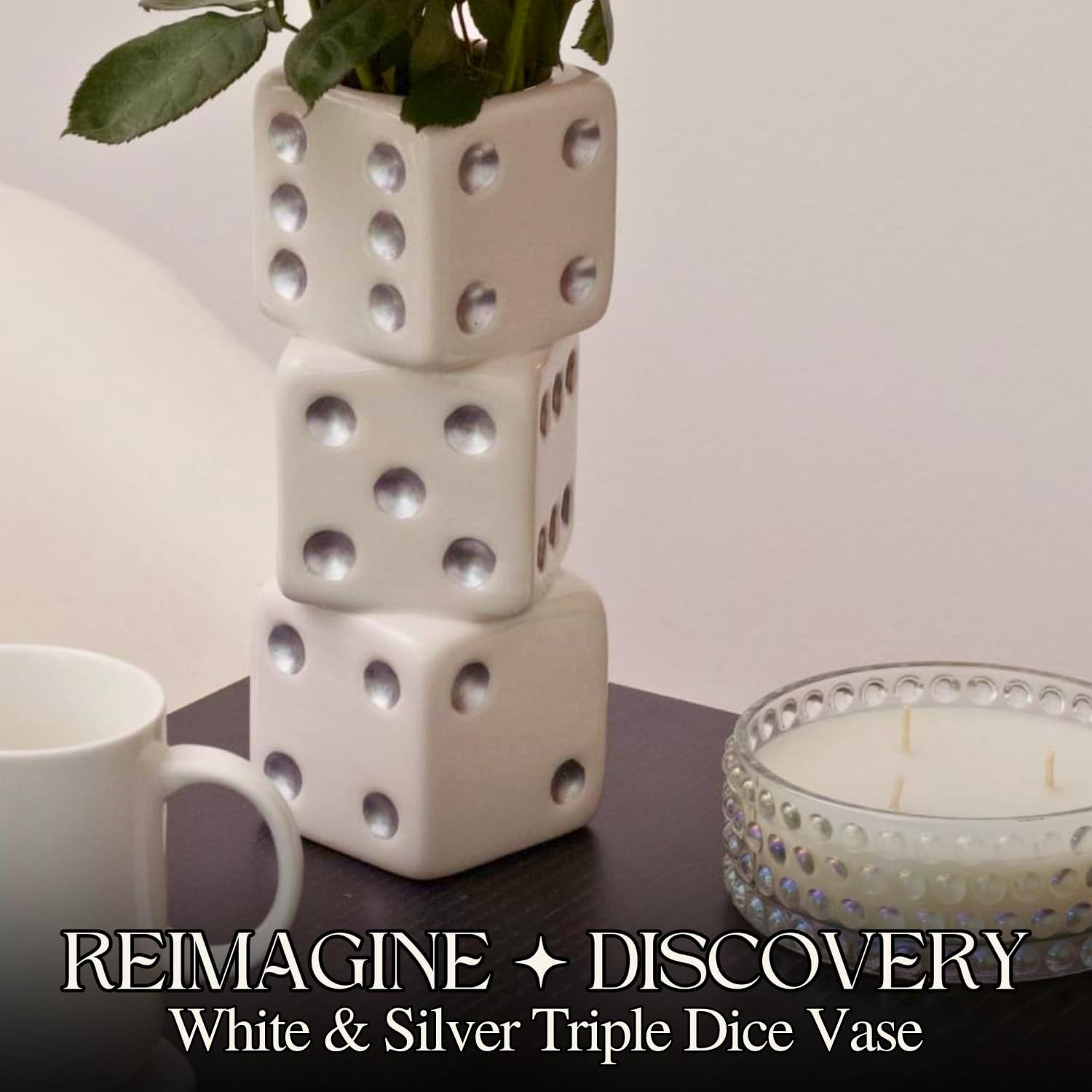 Reimagine Discovery White & Silver Triple Dice Vase, Maximalist Decor Ceramic Flower Vase, Retro Home Decor for Desk, Shelf, Table, Bar Cart & Vanity, Unique, Funky, Trendy & Cool Room Decor