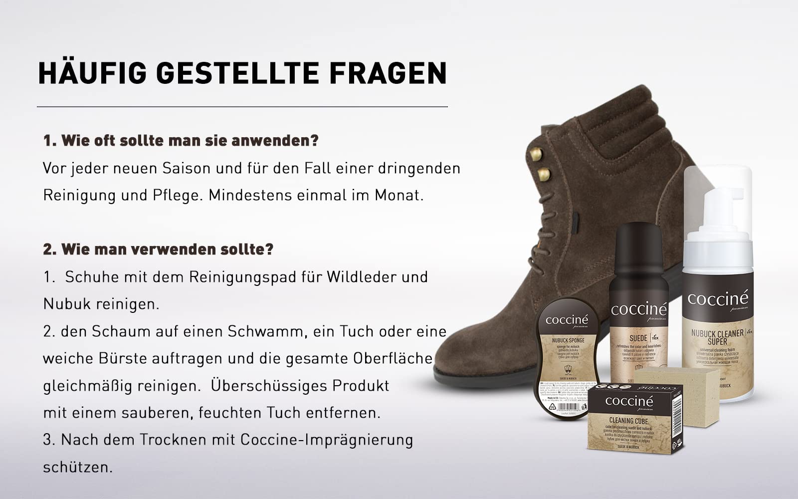 Cocciné - Kit d'entretien 4 en 1, Kit Nettoyage, Nettoyant Chaussure, pour Chaussures en Daim, Nubuck et Membranes TEX, Utilisation Confortable, Mini éponge de Nettoyage
