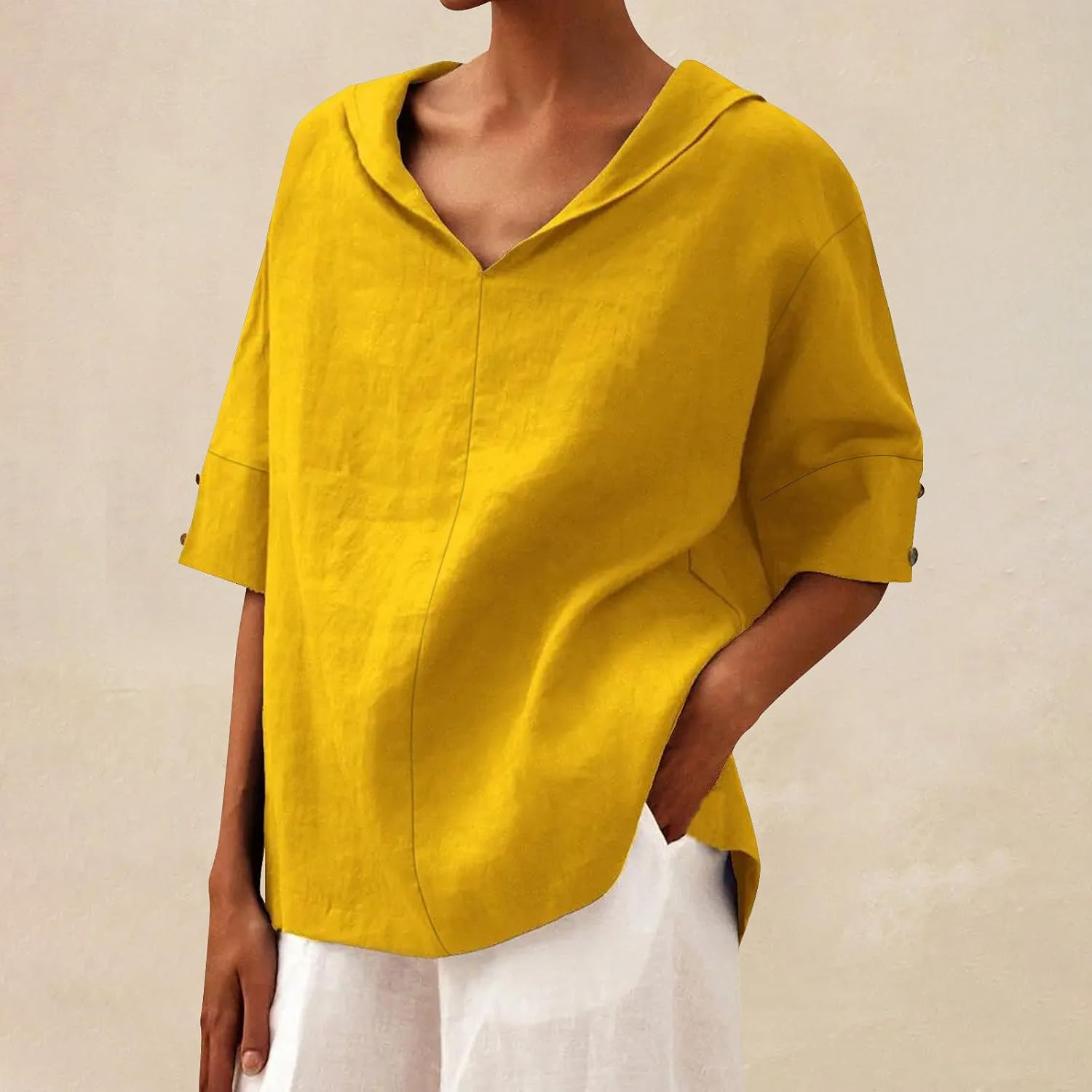 Cotton Linen Shirts for Women Collared V Neck Plus Size Blouse Cute Short Sleeve Tunic Tops Dressy Casual Tees