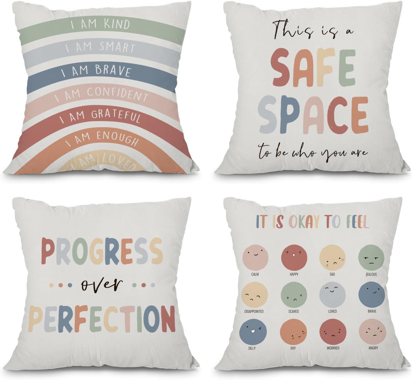 heilkee Classroom Decor Calming Corner Items for Kids School Counselor Gifts Boho Throw Pillow Covers Calm Down Corner Supplies Calm Corner Must Haves Therapist Gifts Set of 4, 18x18 Inches