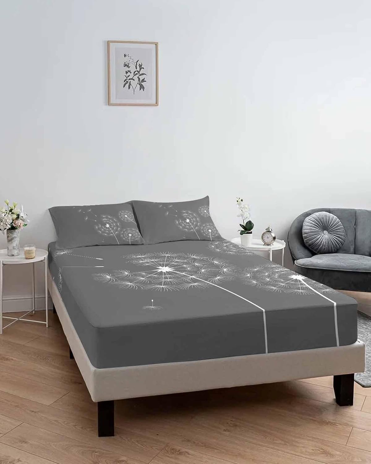 Queen Fitted Sheet with Deep Pocket, Retro Country Dandelions Bed Sheet Set Fits Mattress Up to 16",Soft Microfiber Bottom Sheets with 2 Pillow Shams Pastoral Botanical on Gray Back for Bedroom Decor