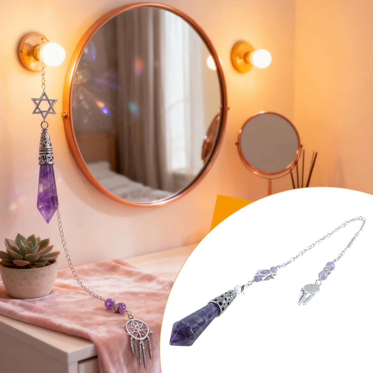 Péndulo de adivinación de amatista natural con punta morada facetada, atrapasueños de estrella Merkaba, decoración Reiki, regalo