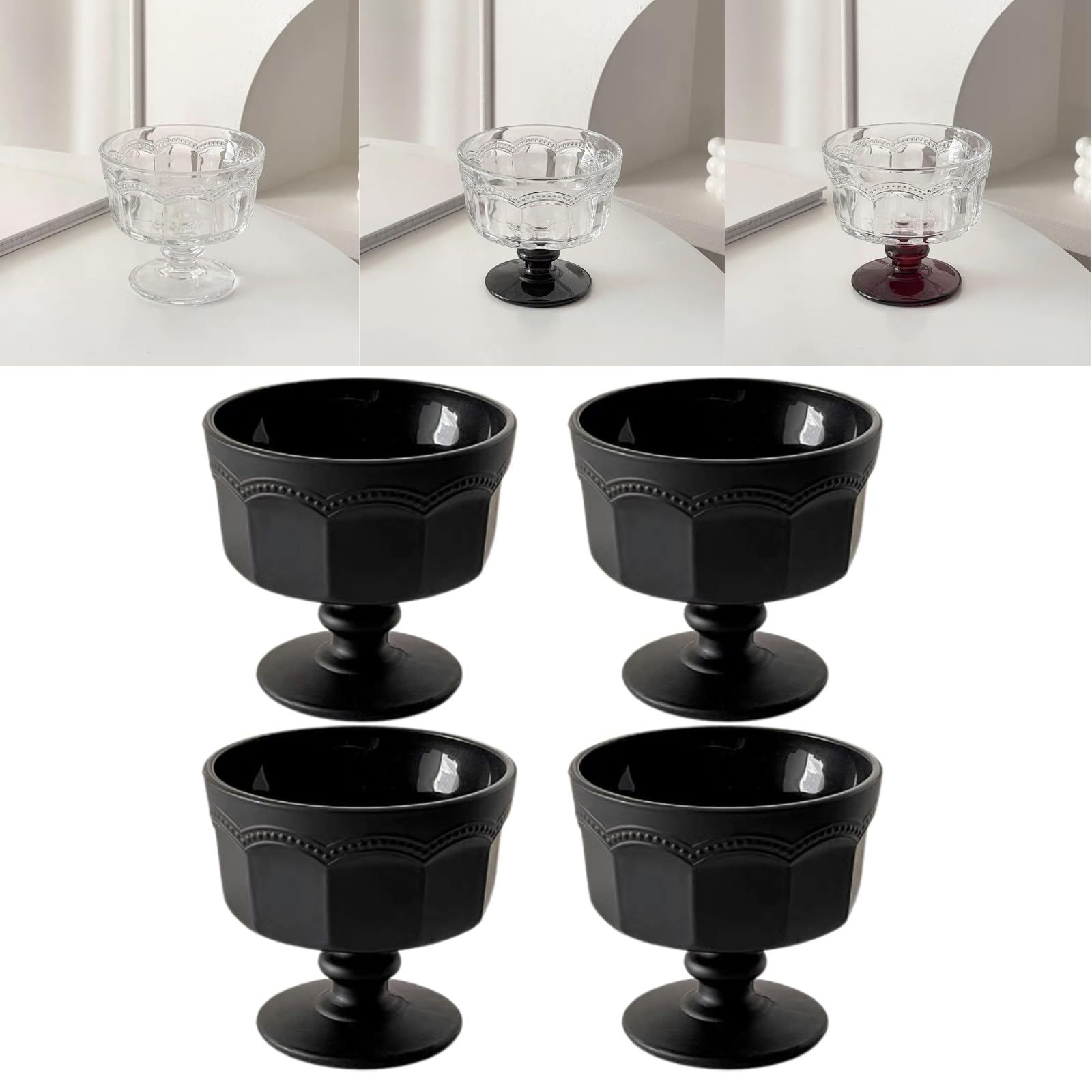 Boxonly Black High-Stem Ice Cream Cups (Set of 4) - Handmade Glassware for Ice Cream Yogurt, and Desserts