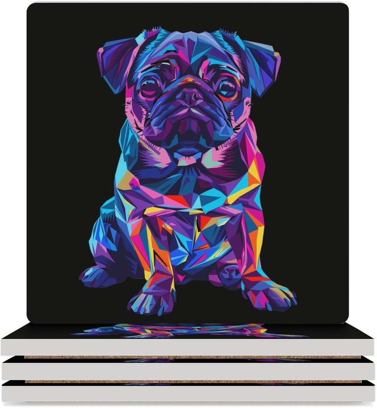 Funny Colorful Pug Dog Coaster for Drinks Square Ceramic Table Coasters Stone Mat Crafts 4PCS Home Kitchen Decor