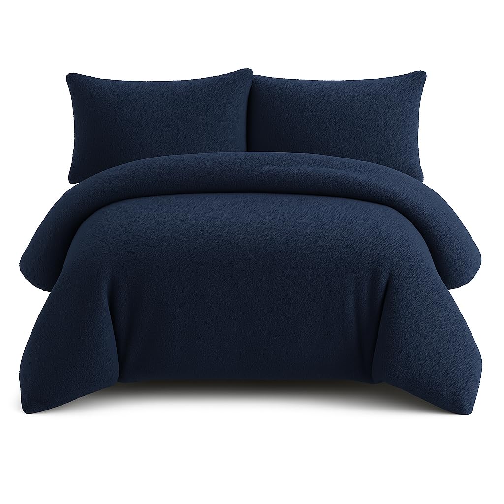 Bella Nights Teddy Bear Fleece Duvet Cover Set – Thermal Warm & Cosy Soft Fur Bedding with Pillowcases – Winter Duvet Set (Navy, King)