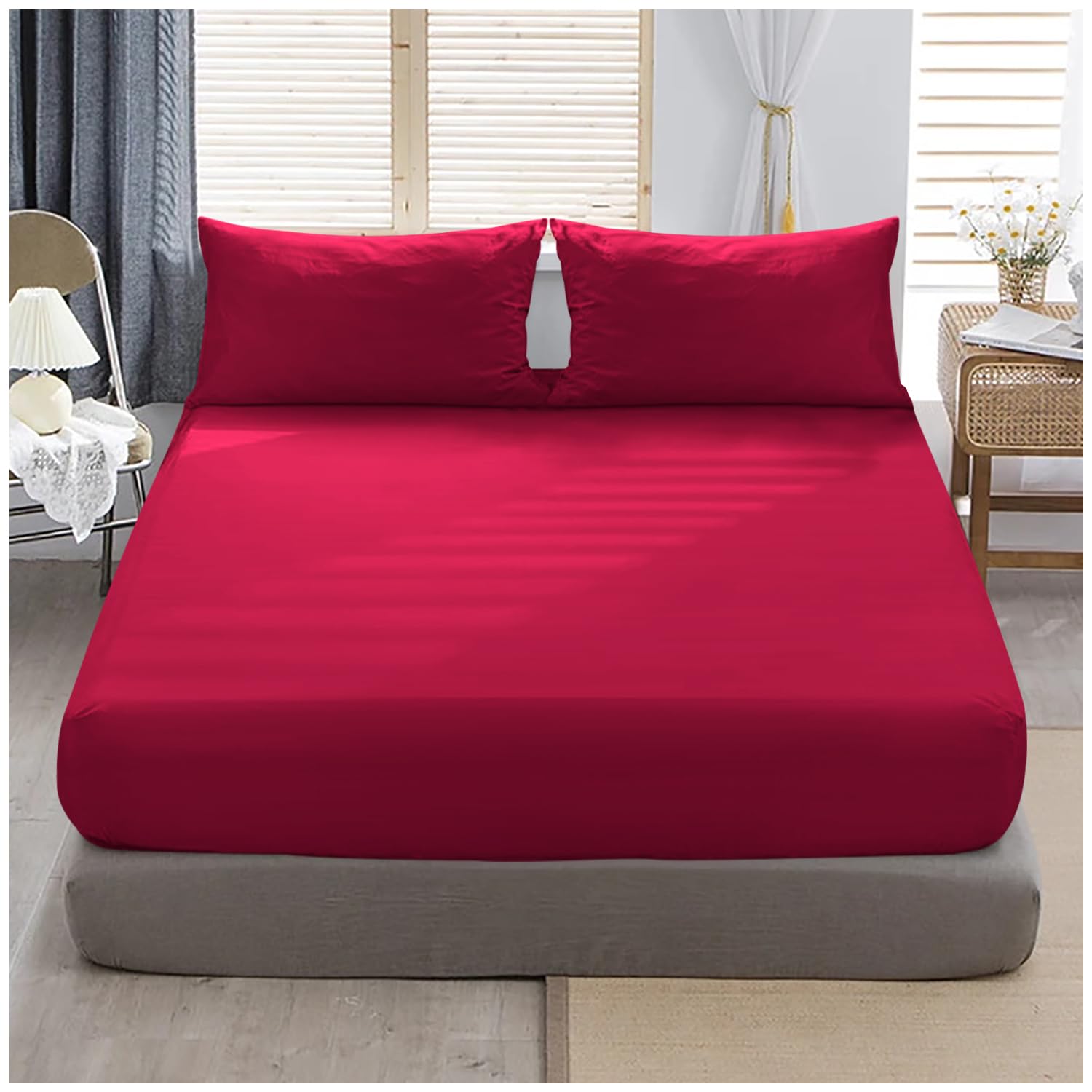 Gc Gaveno Cavailia Red Superking Fitted Sheet Deep - Bottom Sheet For Super Kingsize Bed With 40Cm 16 Inches Extra Deep Sided Pocket, Soft Polycotton Bedsheet Ultra Deep Fit
