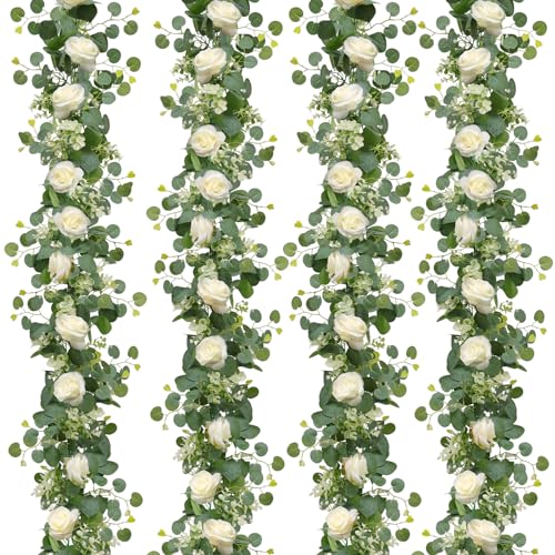 TOCHGREEN 4Pcs(26 Ft) Artificial Eucalyptus Flower Garland with White Rose Flowers,Faux Rose Vine Gypsophila Garland,Floral Garland Greenery Garland for Party Wedding Table Decor (White, 4PCS) by TOCHGREEN - Used condition - CA$33.43