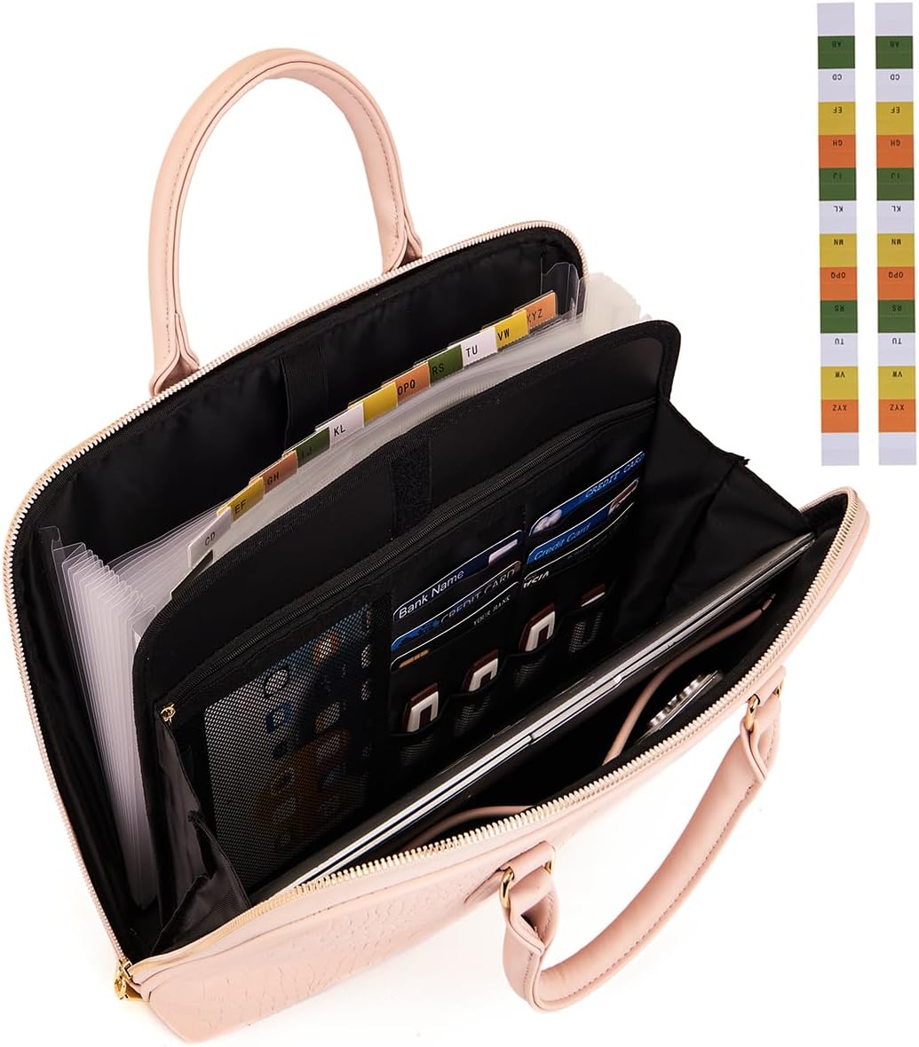Accordian File Organizer Tote,Folder with Zipper & Labels,12 Pocket Expanding File Folder with Multi-Pockets Paper Folder for Letter A4 Files Business Teacher Office Bag (Pink)