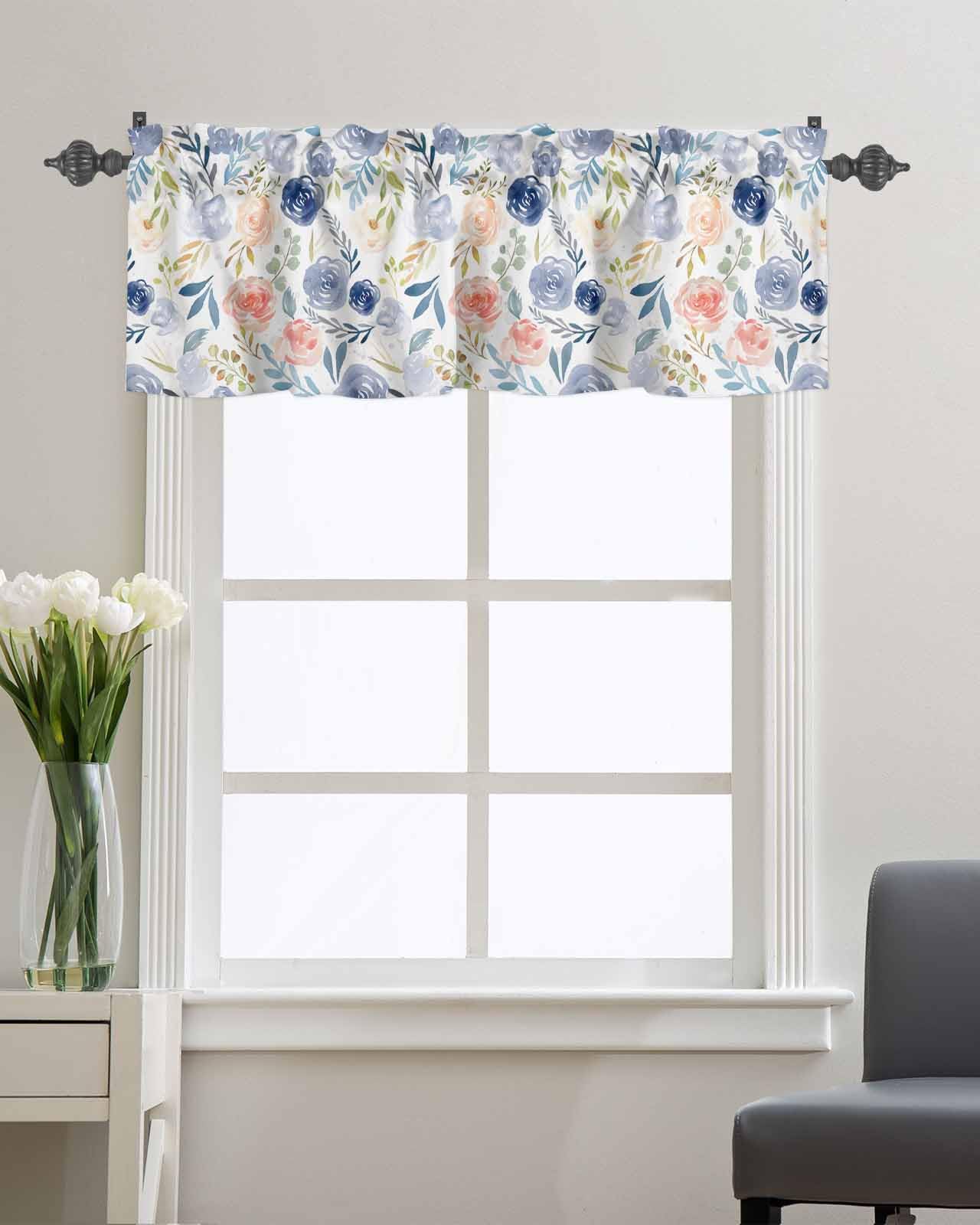 Segard Kitchen Valance Rod Pocket Curtain, Watercolor Blue Pink Rose Plants Valances for Windows Topper Short Curtains for Bedroom/Bathroom/Living Room, Abstract Botanical Leaf 1 Panel 54x18IN