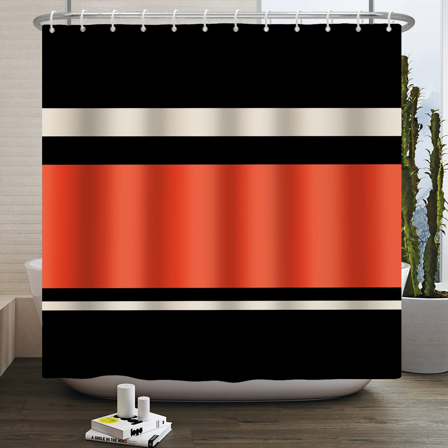 SDOTPMT 105x160cm Bright Orange Striped Shower Curtain Modern Farmhouse Fashion Striped Check Bath Curtain Retro Classic Ancient Bohemian Bathtub Curtain for Bathroom Decor Polyester with Hooks