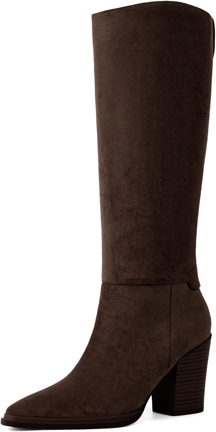 Modatope Knee High Boots Women Pointed Toe Chunky Heel Tall Boots