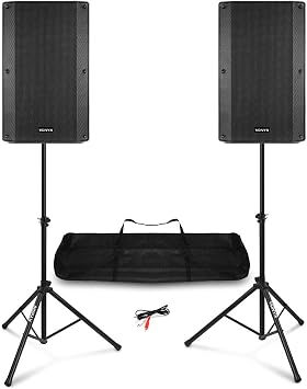 Vonyx VSA120S 12" Active DJ Speaker System 800W with Speaker Stands, Bluetooth Streaming, MP3 USB Playback & AUX Cable - Live PA Sound Solution