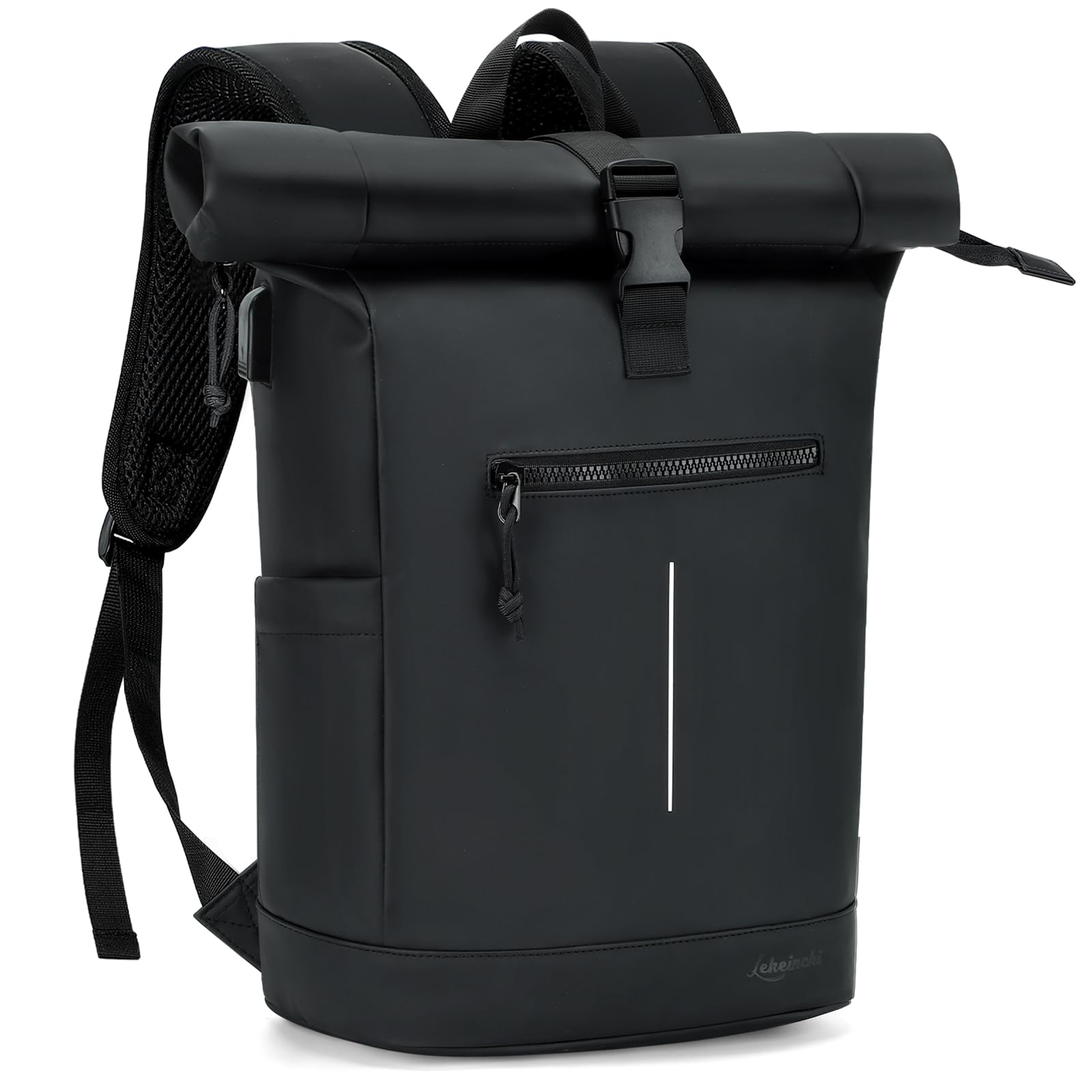 Lekeinchi Zaino Rolltop Uomo Donna Porta PC 17 Pollici | Zaino Impermeabile Uomo Donna - Rains Zaino con Strisce Riflettenti - Zaino da Viaggio Espandibile - Casual Lavoro Università - Nero XL