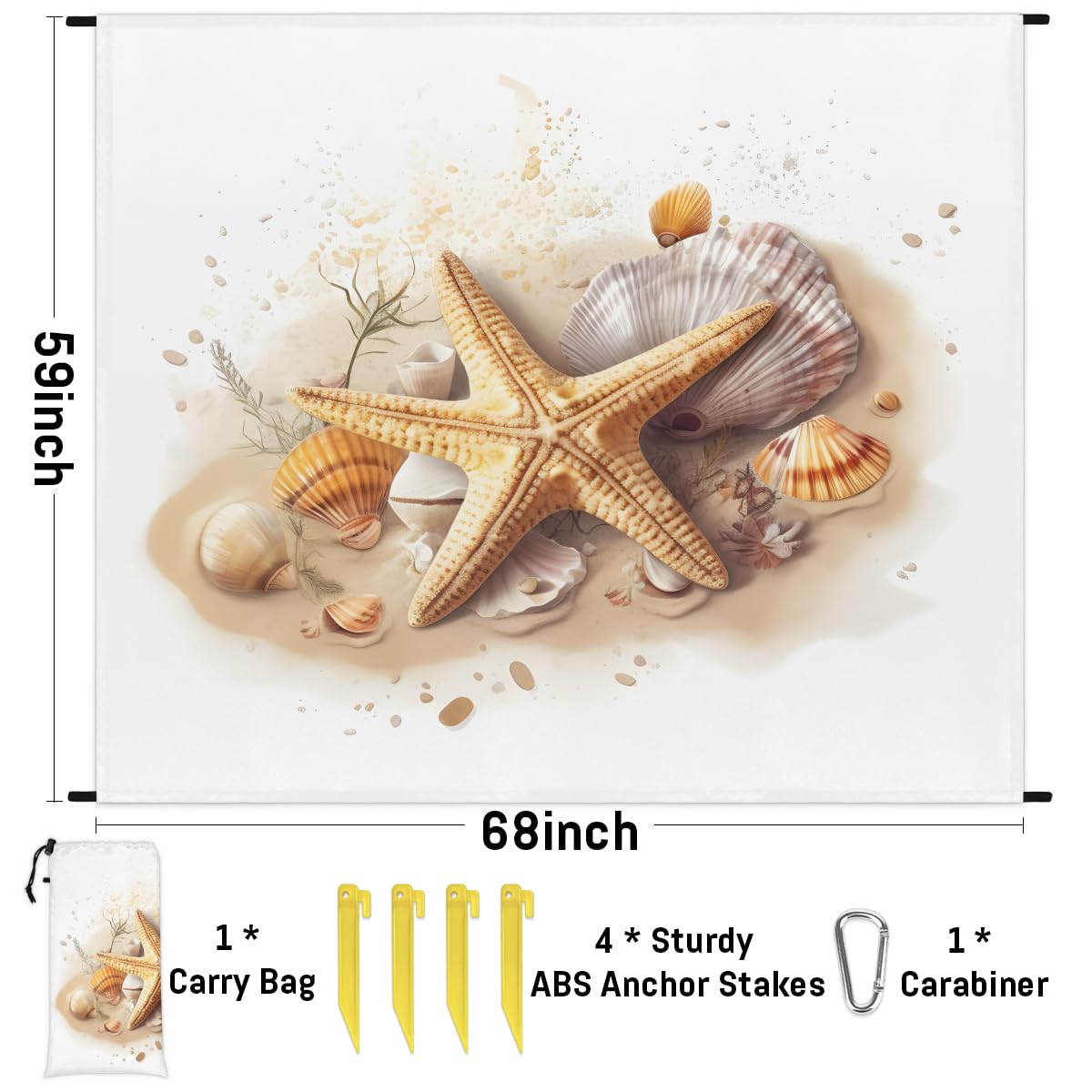 Eabrults Waterproof Sandproof Beach Blanket, 59''×68'' Oceans Polyester Outdoor Picnic Blanket with 4 Stakes & Storage Bag for Beach,Camping,Vacation Starfish
