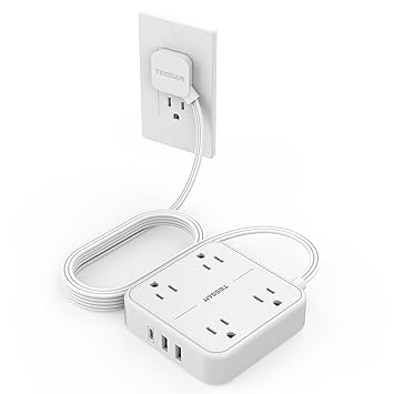 Flat Extension Cord 10 FT, TESSAN Surge Protector Power Strip 10 Feet with 4 Outlets 3 USB Ports, Wall Mountable Charging Station, Long Power Cord for Indoor, Office, Dorm Essentials, White