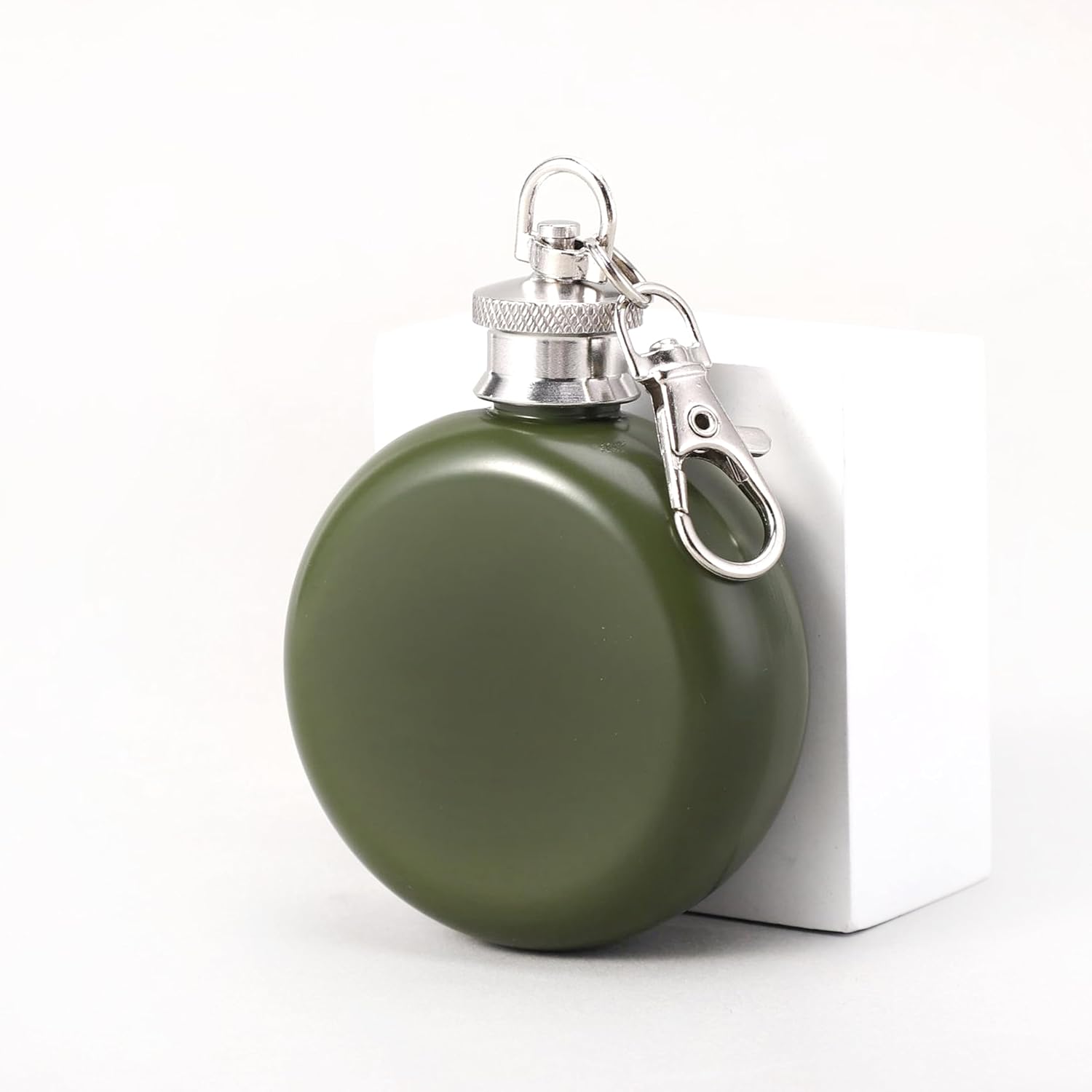 2 oz 304 Stainless Steel Round Hip Flask with Keychain Cover, Army Green
