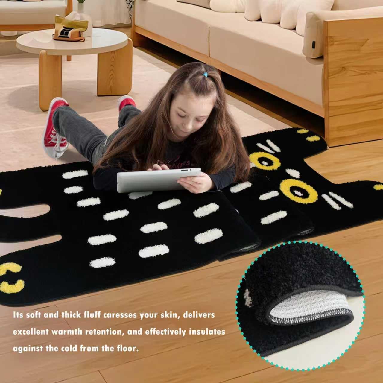 Cute Tibetan Cat Rugs,1.7x5.9ft Tufted Cat Shaped Runner Carpet, Cartoon Kitty Bath Mat Decor Washable for Bedroom Bathroom Living Room,Black