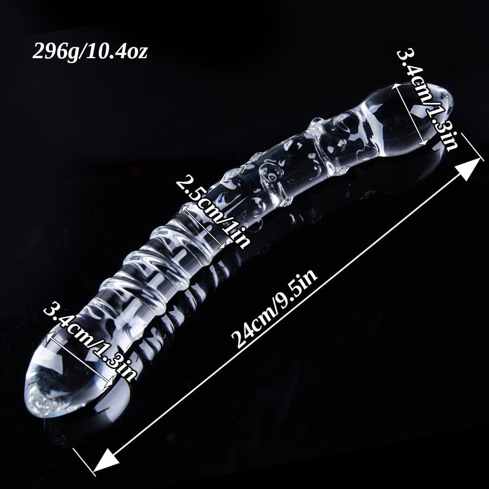 9.5" Glass Double-Ended Clear Dildo, Pleasure Wand with Ribbed and Dotted Texture, Crystal Curved Dual-Headed Transparent Dildo, G-Spot and Prostate Massager Anal Plug, Dual Toy for Men and Women