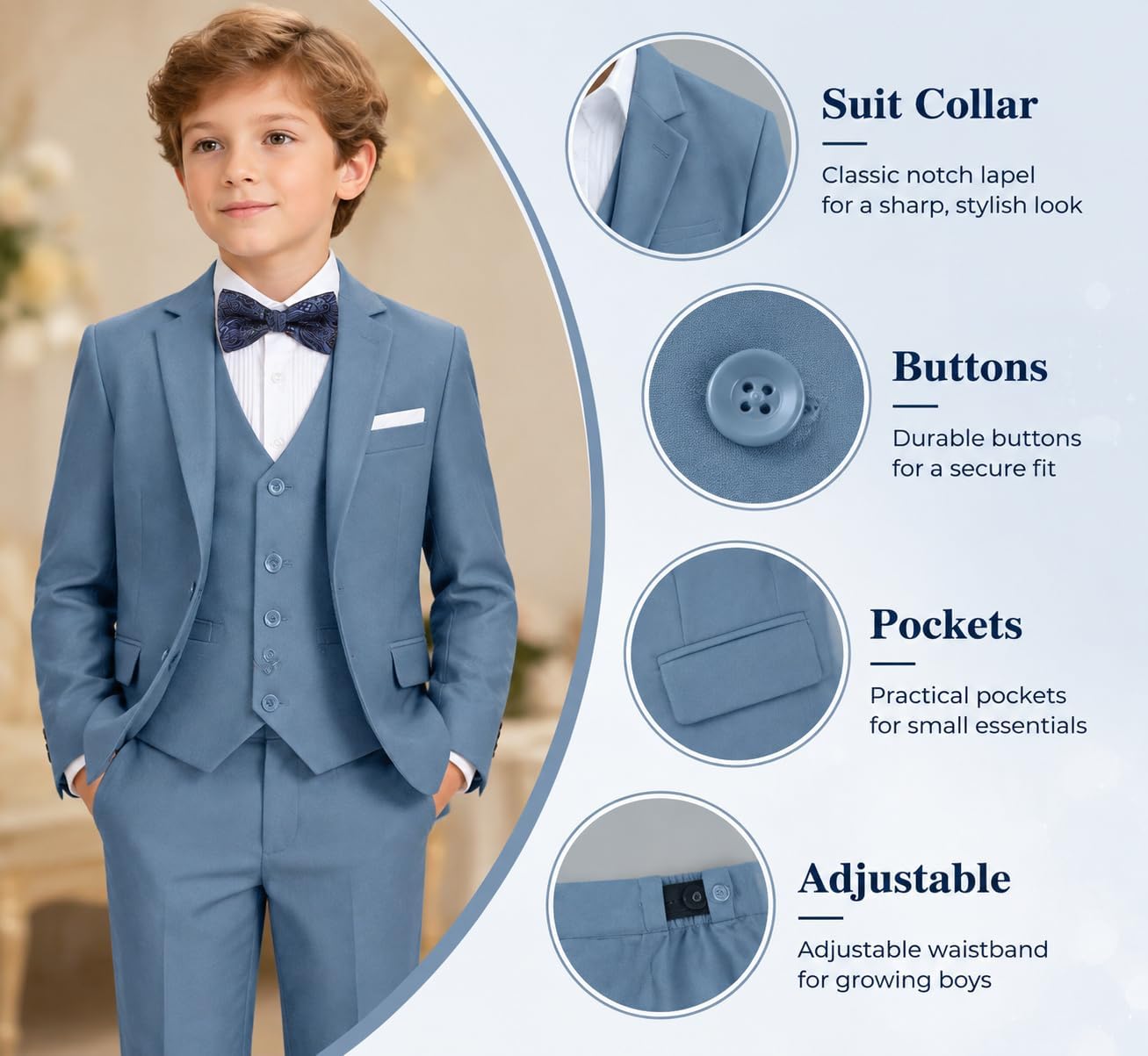 Boy's Formal Suit Set, Slim Fit Suits for Kids, 5 Pieces Boys Tuxedo Set image 3
