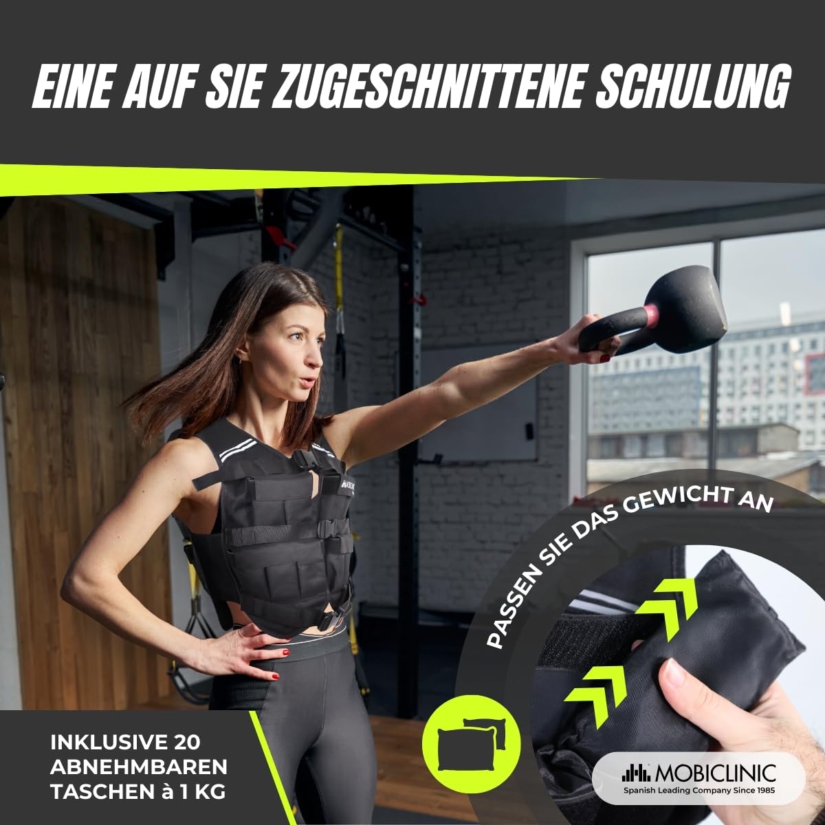 Mobiclinic®, Gewichtsweste, 10/20kg, Weighted vest, Verstellbar, Langlebig, 600D-Oxford-Gewebe, Inklusive Gewichte, Reflektierende Streifen, Gewichtsweste für körperliches Training, Iron