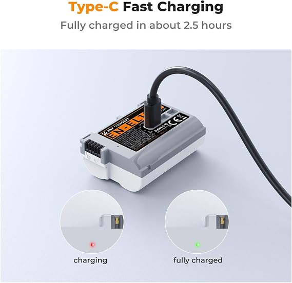 K&F CONCEPT 2600mAh EN-EL15C Battery, USB-C Fast Charging Z6iii Battery Compatible with Nikon ZR, Z8, Zf, Z7, Z6, Z7ii, Z6ii, Z5, D850, D810, D810A, D780, D750, D610, D500, D7500, D7200 Camera