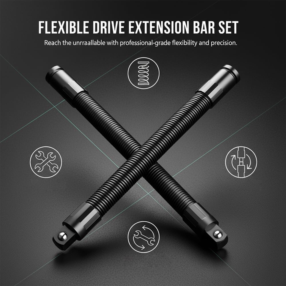 1/2" Flexible Socket Extension Bar, Spring Steel Shaft Ratchet Extension & Wrench Extender for Hard-to-Reach Areas, 1/2 Drive Extension Socket Hand Tool (9.8inch*1+13.8inch*1)