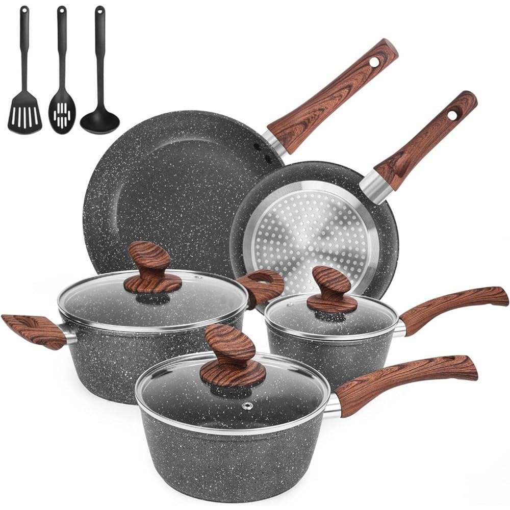 Set di Pentole E Padelle in Granito Ultra Antiaderente, 11 Pezzi, Set di Pentole Pressofuse con Padella, Pentola per Salsa E Manico Stay Cool, 11 Pezzi, Uno
