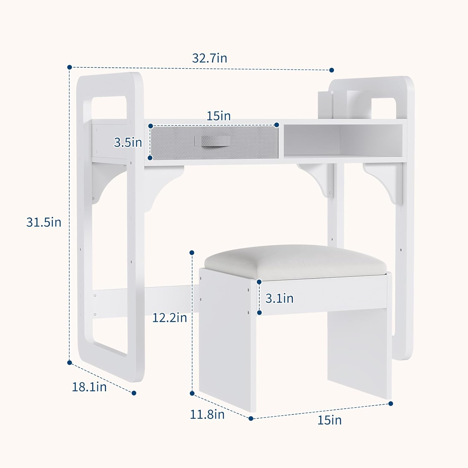 Garvee Kids Desk and Chair Set, Study Desk for Boys and Girl, Wooden Kids Writing Table with Cloth Drawers and Pen Holder, White