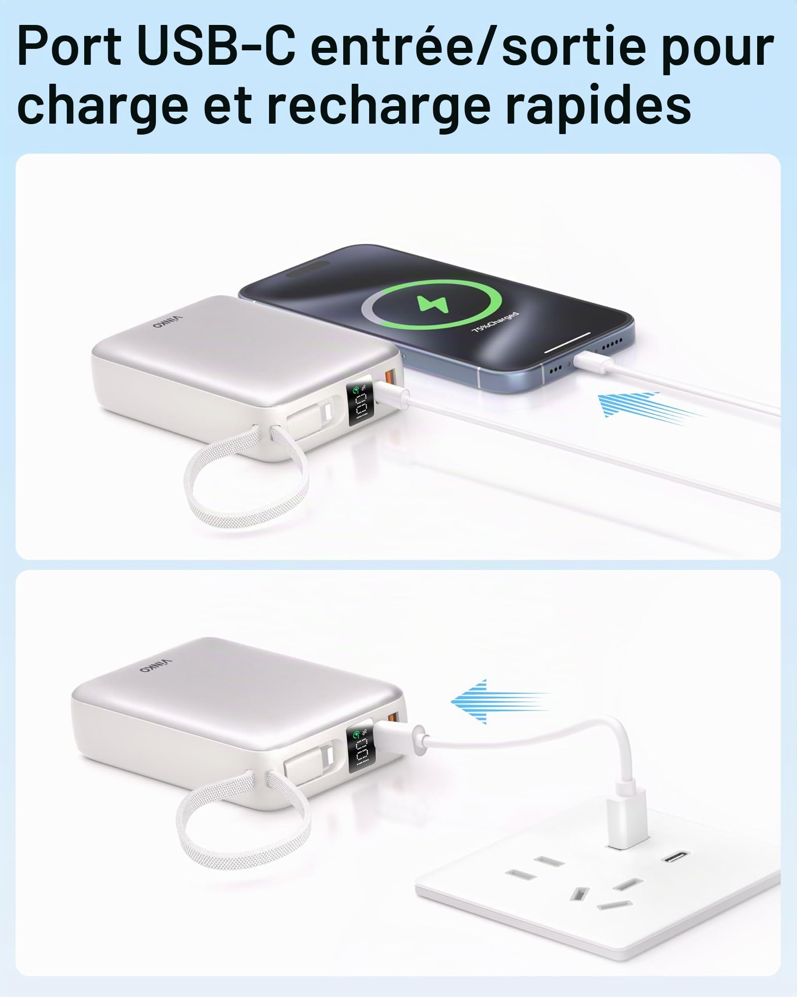 Power Bank 20000mAh, Batterie Externe Charge Rapide, Portable Charger avec USB C&A Câbles Intégrés 22,5 W, Portable Batterie Affichage LED USB C Input & Output pour iPhone 17 Air, Samsung, Xiaomi