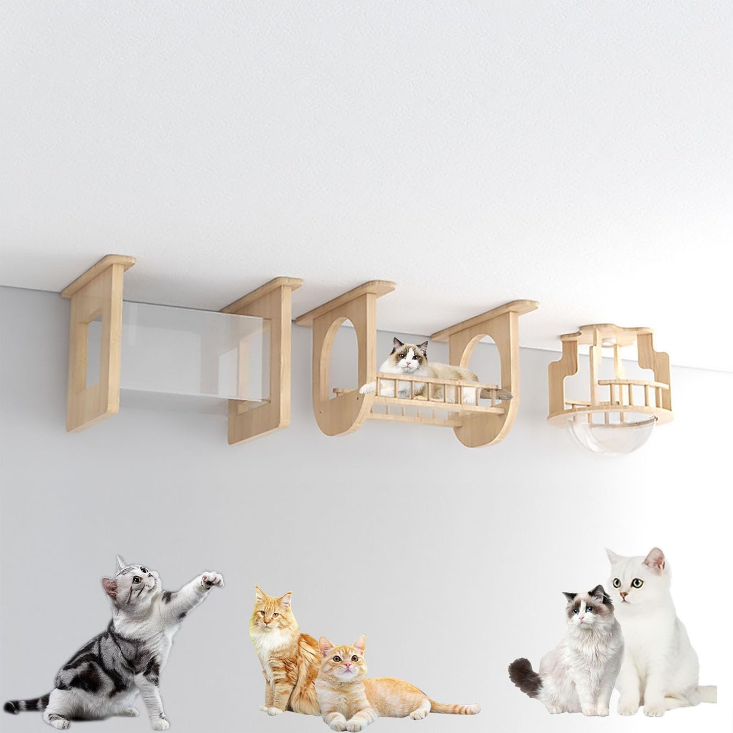 Katzenregale, Wandmontierte Katzenwandregale, Katzenklettergerüst, Decken- und Wandkombinationsset, platzsparend, selbst zu Bauen einfach montieren(Style9)