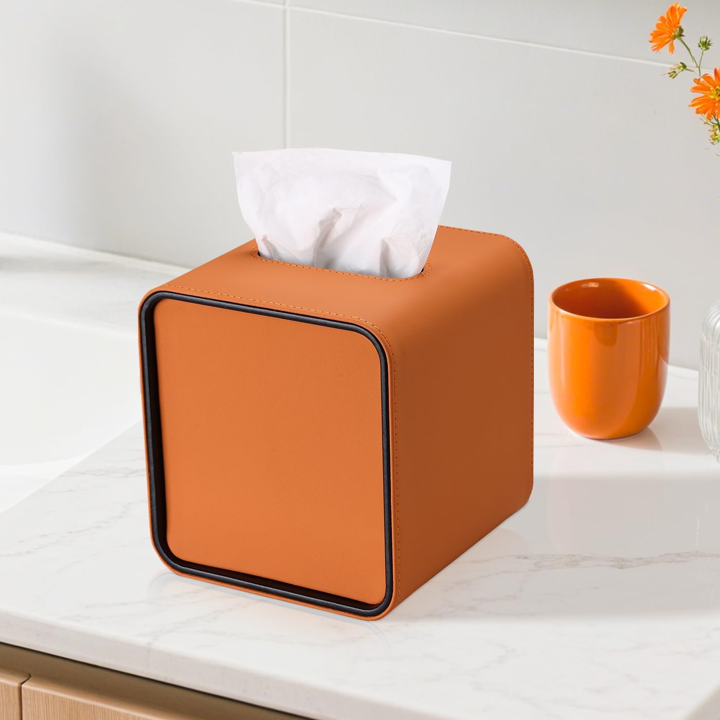 GORESE Square Tissue Box Cover for Kleenexs, PU Leather Tissue Box Holder, Decorative Tissue Holder Cover for Bathroom Bedroom Living Room Office, Orange