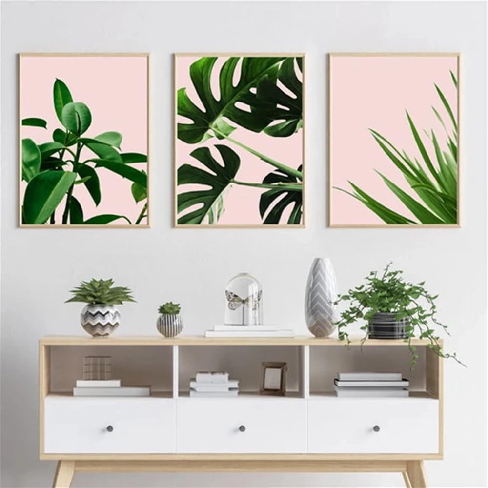 WBYZAC Botanical Posters-Abstract Minimalist Canvas Painting Tropical Leaves Print Nature Poster Green Fresh Pink Wall Art Pictures for Living Room Decoration-60 * 80cm*3PCS (No Frame)