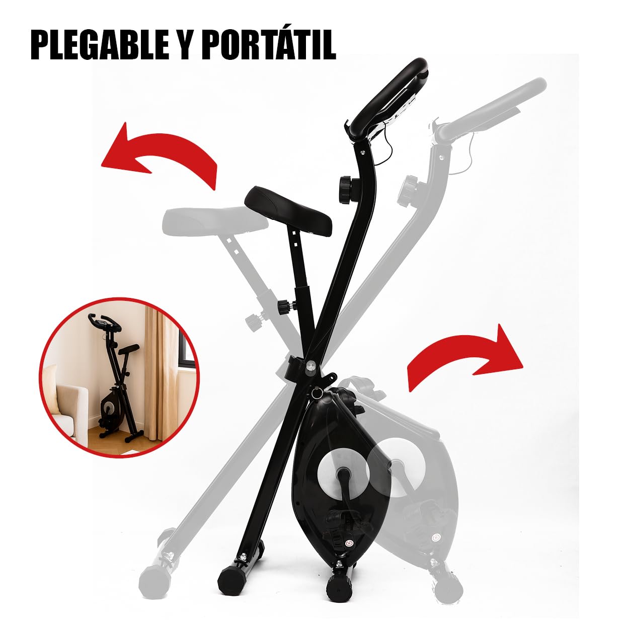 Bicicleta Estática Plegable (8 Niveles de Resistencia) para el Día a Día | Elíptica para Fitness en Casa y Spinning | Pulsómetro + Monitor LCD + Registro de Actividad | Asiento Recolchado Ajustable