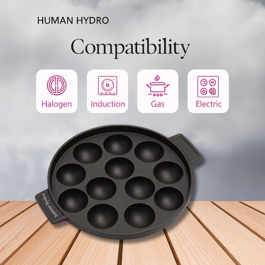 Human Hydro Cast Iron Paniyaram Pan with Lid | 12-Pit Appam Patra & Paddu Pan 20cm (8 Inch) | Naturally Non-Stick When Seasoned | Gas & Induction Compatible 1